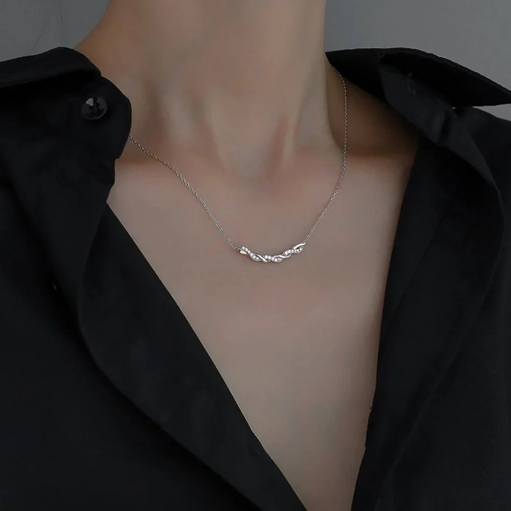 #NEW 925 Sterling Silver Diamond Braided Wave Necklace